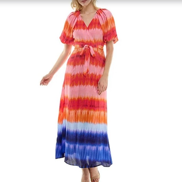 NWT Maison Tara Short Puff Sleeve V-Neck Tie Waist Tie Dye Printed Maxi Dress - Picture 1 of 9